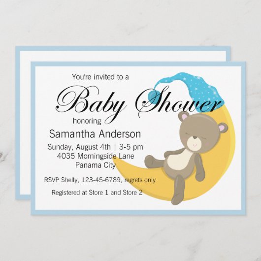 Teddy Bear op Crescent Moon Baby shower Kaart (Voorkant / Achterkant)