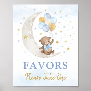 Teddy Bear op Moon Blue Gold Balloons Favors Sign Poster