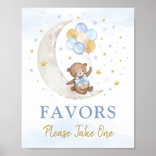 Teddy Bear op Moon Blue Gold Balloons Favors Sign Poster (Voorkant)