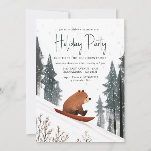 Teddy Bear op Snow Sled Holiday Party Kaart (Voorkant)