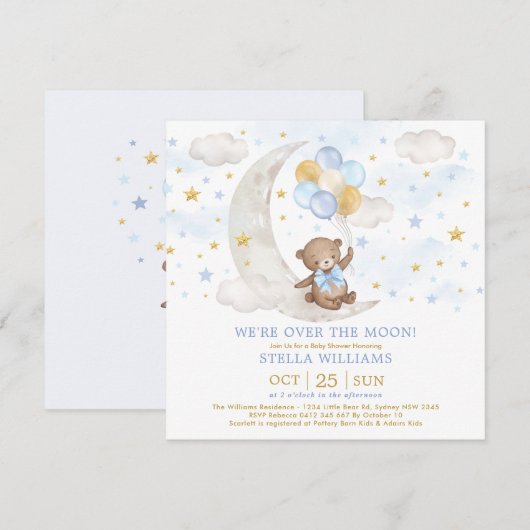 Teddy Bear over Moon Blue Gold Balloons Baby Boy Kaart (Voorkant / Achterkant)