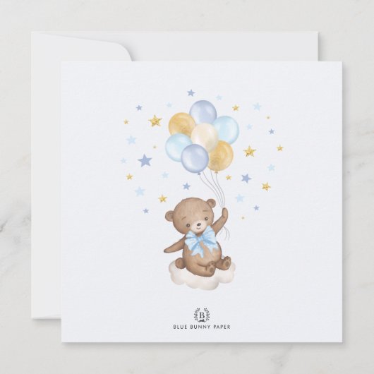 Teddy Bear over Moon Blue Gold Balloons Baby Boy Kaart (Achterkant)