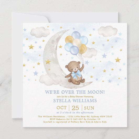Teddy Bear over Moon Blue Gold Balloons Baby Boy Kaart (Voorkant)