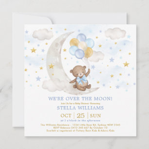 Teddy Bear over Moon Blue Gold Balloons Baby Boy Kaart