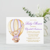 Teddy Bear Paars Bow Air Ballon Stip Baby shower Kaart (Staand voorkant)