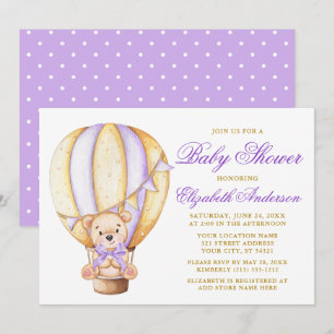 Teddy Bear Paars Bow Air Ballon Stip Baby shower Kaart