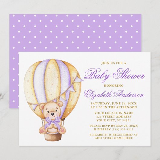 Teddy Bear Paars Bow Air Ballon Stip Baby shower Kaart (Voorkant / Achterkant)