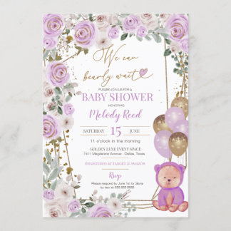 Teddy Bear Paarse Floral Balloons Girl Baby shower Kaart