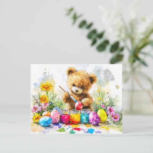 Teddy Bear Painting Easter Eggs Briefkaart (Staand voorkant)