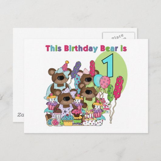 Teddy Bear Party 1e Verjaardag tshirts en geschenk Uitnodiging Briefkaart (Voorkant / Achterkant)
