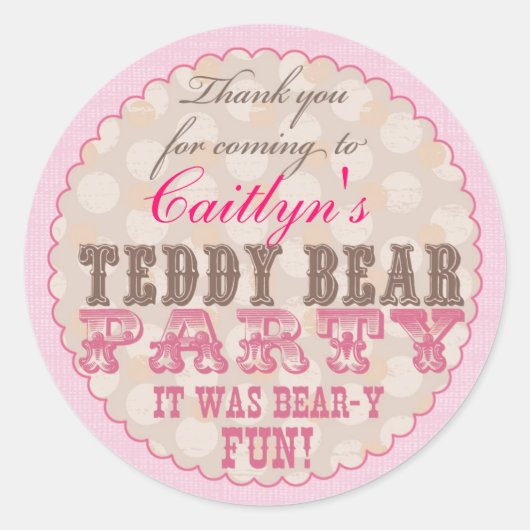 Teddy Bear Party Bedankt Sticker - Roze (Voorkant)
