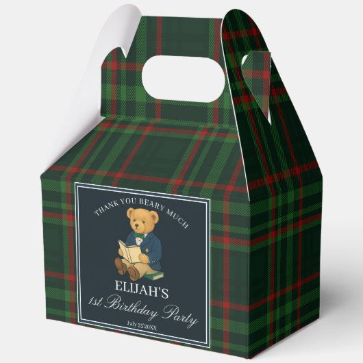 Teddy bear party favors green plaid personalized bedankdoosjes (Voorkant)