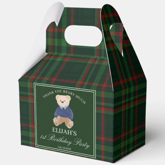 Teddy bear party favors green plaid personalized bedankdoosjes (Voorkant)