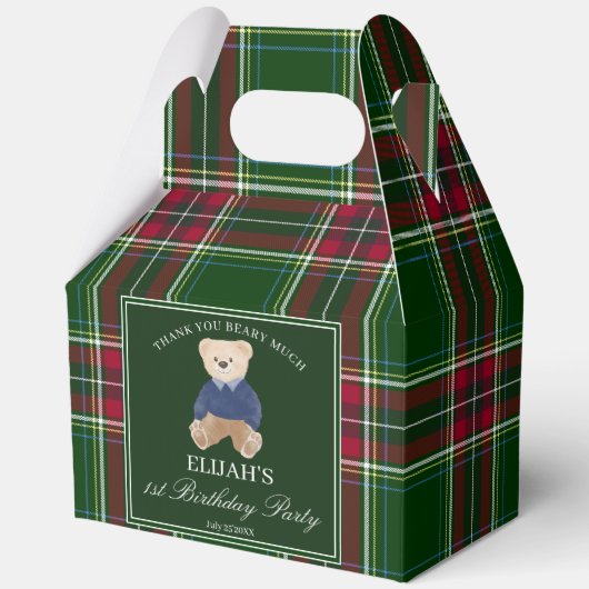 Teddy bear party favors green plaid personalized bedankdoosjes (Voorkant)