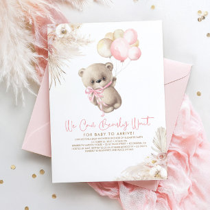 Teddy Bear Pastel Brown Pink Boho Girl Baby shower Kaart
