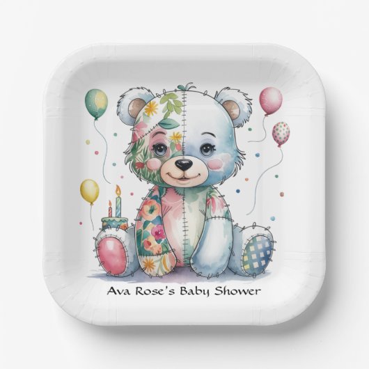 Teddy Bear Patchwork in het Floral Girl Baby showe Papieren Bordje (Voorkant)
