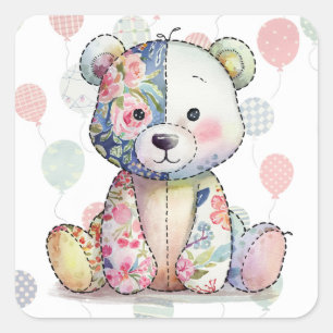 Teddy Bear Patchwork in het Floral Girl Baby showe Vierkante Sticker