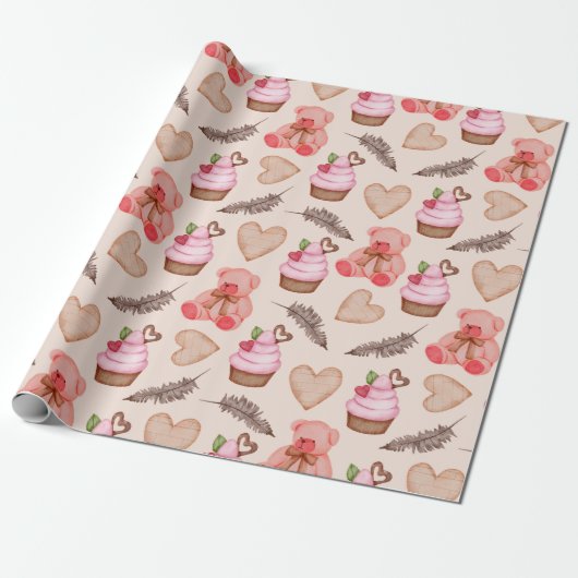 Teddy Bear Pattern Wrapping Paper Cadeaupapier (Uitgerold)