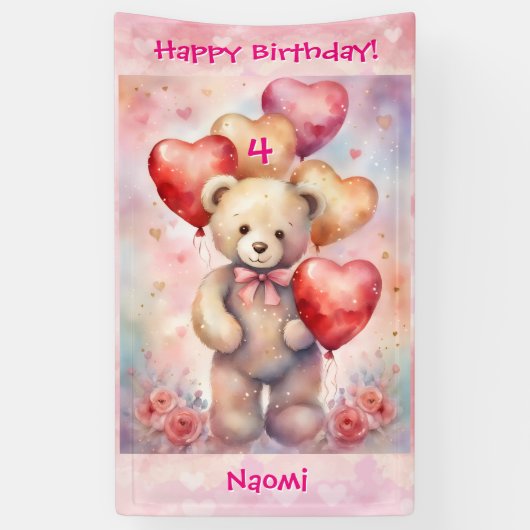 Teddy Bear Personalize Girl's Name & Age Spandoek (Verticaal)