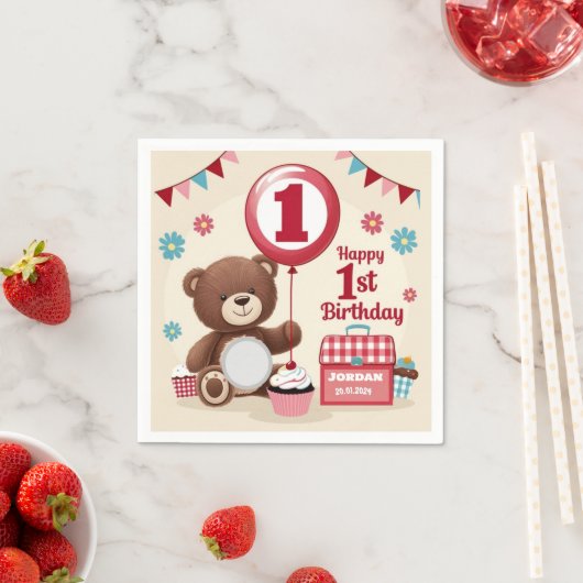 Teddy Bear picknick Happy 1st Birthday Paper Bord Servet (Insitu)