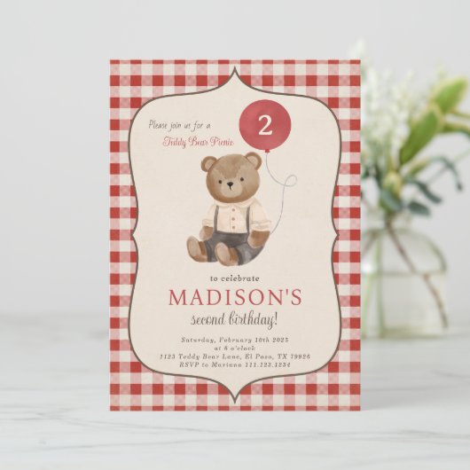 Teddy Bear Picknick Verjaardagsfeestuitnodiging Kaart (Staand voorkant)