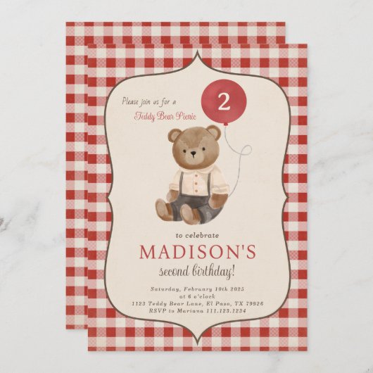 Teddy Bear Picknick Verjaardagsfeestuitnodiging Kaart (Voorkant / Achterkant)