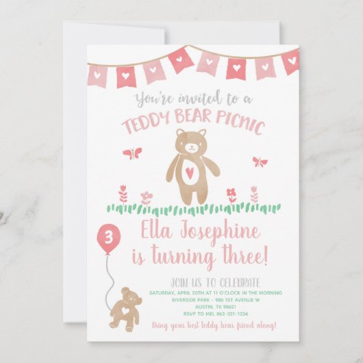 Teddy Bear Picknick Verjaardagsfeestuitnodiging Kaart (Voorkant)