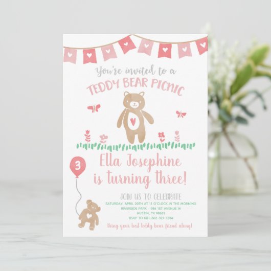 Teddy Bear Picknick Verjaardagsfeestuitnodiging Kaart (Staand voorkant)