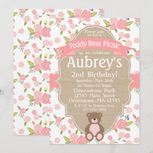Teddy Bear Picknick Verjaardagsfeestuitnodiging Kaart (Voorkant / Achterkant)