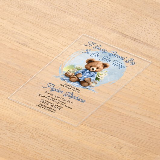 Teddy Bear Picnic Beary Special Boy Baby shower Acryl Uitnodigingen (Laagn)