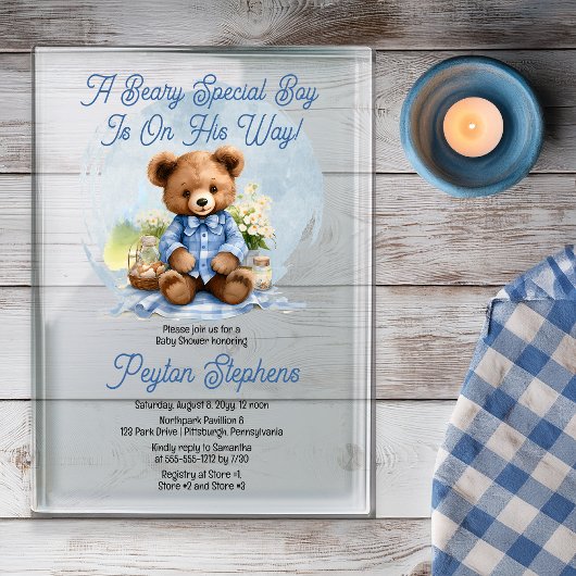Teddy Bear Picnic Beary Special Boy Baby shower Acryl Uitnodigingen
