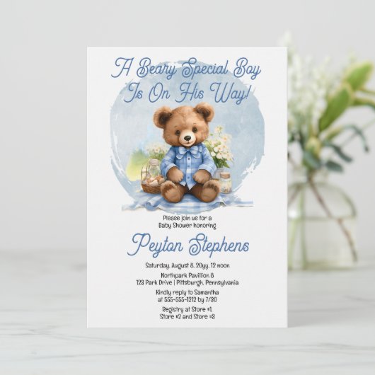 Teddy Bear Picnic Beary Special Boy Baby shower Kaart (Staand voorkant)