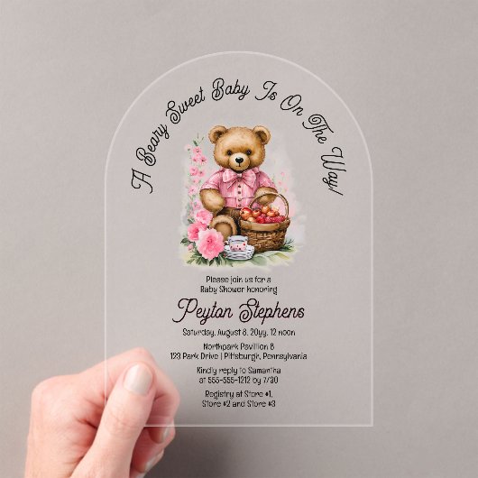 Teddy Bear Picnic Beary Sweet Baby shower Acryl Uitnodigingen (Insitu (Draagbaar))