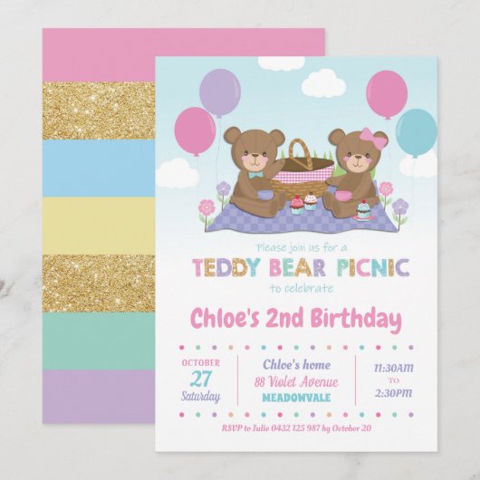 Teddy Bear Picnic Birthday Invitation Girl Kaart (Voorkant / Achterkant)