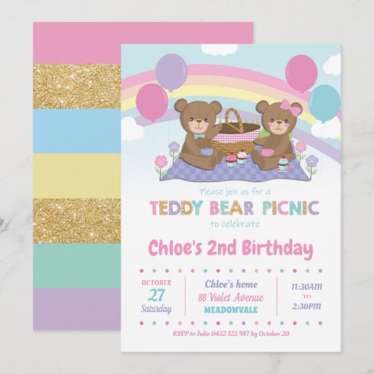 Teddy Bear Picnic Birthday Invitation Girl Kaart (Voorkant / Achterkant)