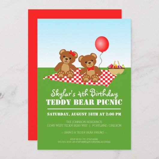 Teddy Bear Picnic Birthday Party Invitation Kaart (Voorkant / Achterkant)
