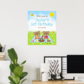 Teddy Bear Picnic Blue Birthday Welkomstteken Poster (Thuiskantoor)