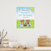 Teddy Bear Picnic Blue Birthday Welkomstteken Poster (Keuken)