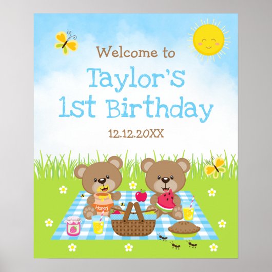 Teddy Bear Picnic Blue Birthday Welkomstteken Poster (Voorkant)