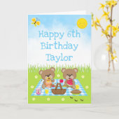 Teddy Bear Picnic Blue Gingham Happy Birthday Kaart (Gele Bloem)