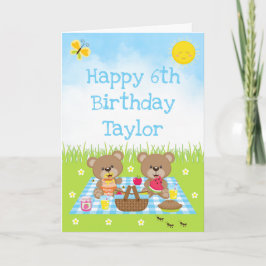 Teddy Bear Picnic Blue Gingham Happy Birthday Kaart