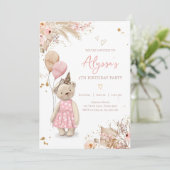 Teddy Bear Picnic Boho Pink Girl Birthday Party Kaart (Staand voorkant)