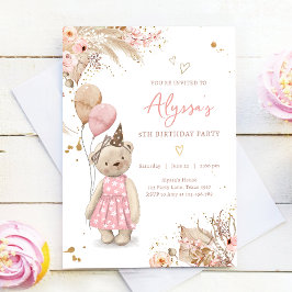 Teddy Bear Picnic Boho Pink Girl Birthday Party Kaart