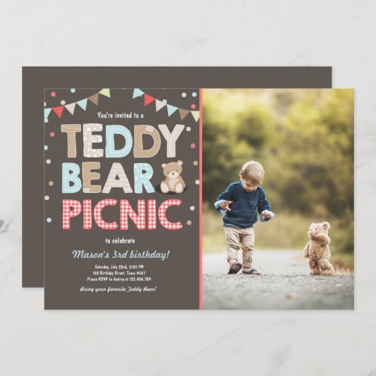 Teddy Bear Picnic Boy - verjaardag Uitnodiging bla (Voorkant / Achterkant)