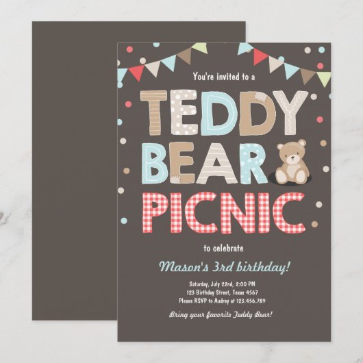 Teddy Bear Picnic Boy - verjaardag Uitnodiging bla (Voorkant / Achterkant)