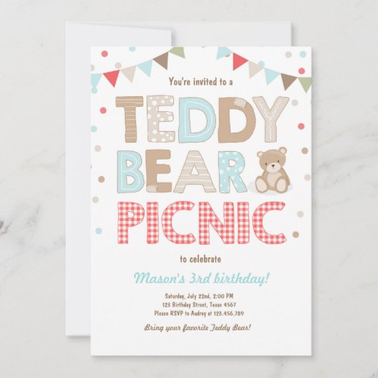Teddy Bear Picnic Boy - verjaardag Uitnodiging bla (Voorkant)