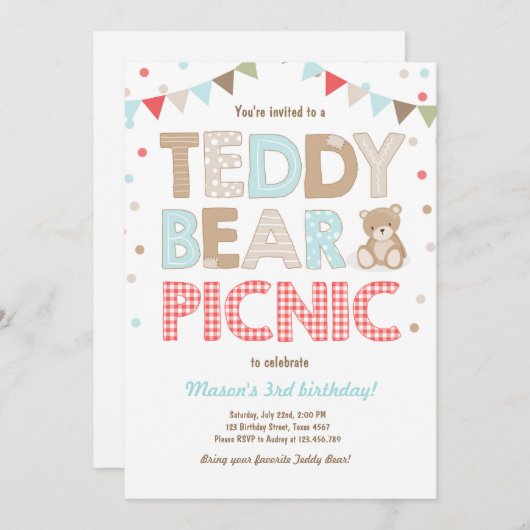 Teddy Bear Picnic Boy - verjaardag Uitnodiging bla (Voorkant / Achterkant)
