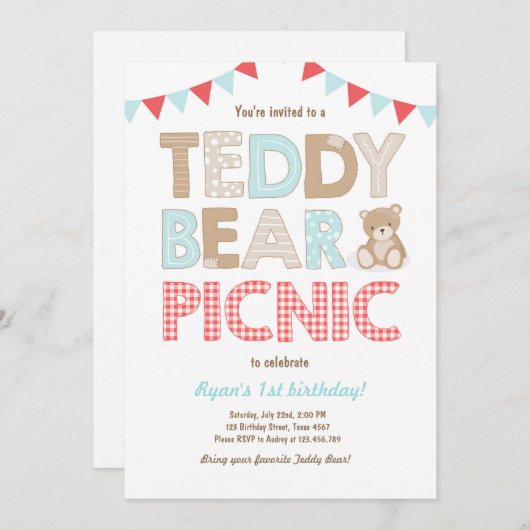 Teddy Bear Picnic Boy - verjaardag Uitnodiging bla (Voorkant / Achterkant)