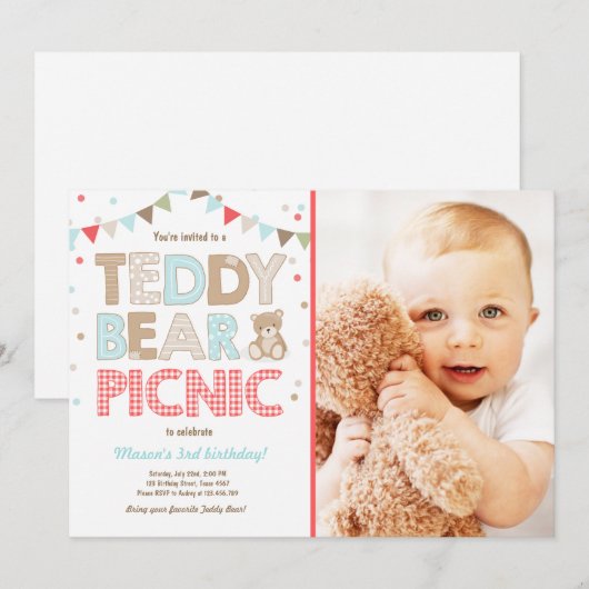 Teddy Bear Picnic Boy - verjaardag Uitnodiging bla (Voorkant / Achterkant)