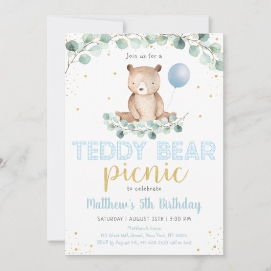 Teddy Bear Picnic Greenery Boy Birthday Kaart (Voorkant)